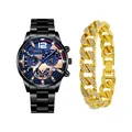 Men's blue dial steel watch with calendar and gold iced-out Cuban link bracelet set - Style 24 With Rhinestone Bracelet