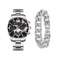 Men's silver quartz watch with black dial paired with a diamond-set Cuban link bracelet - Style 25 With Rhinestone Bracelet