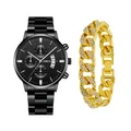 Men's Geneva quartz watch in black metal with sparkling gold diamond-set Cuban bracelet - Style 26 With Rhinestone Bracelet