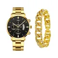 Men's gold-tone steel watch with black dial and matching iced-out Cuban link bracelet - Style 28 With Rhinestone Bracelet