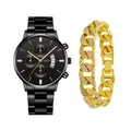 Geneva men's quartz watch in black metal finish with iced-out gold Cuban chain bracelet - Style 29 With Rhinestone Bracelet