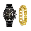 Men's quartz watch in black stainless steel paired with a gold diamond Cuban bracelet - Style 30 With Rhinestone Bracelet