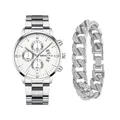 Silver men's quartz watch with date window and iced-out Cuban link bracelet set - Style 31 With Rhinestone Bracelet