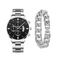 Silver Geneva men's watch with black dial and matching iced-out Cuban link bracelet - Style 32 With Rhinestone Bracelet