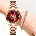 Elegant rose gold women's watch set with starry red dial and matching heart bracelet - Red + Bracelet