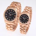 Matching rose gold quartz watch set for couples with black diamond accented dials - Men's Rose Gold Black Dial