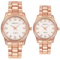 Matching rose gold quartz watch set for couples with crystal markers and steel band - Men's Rose Gold White Dial
