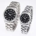 Elegant pair of silver steel couple quartz watches with black diamond-set dials - Men's Silver Case Black Dial