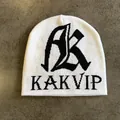 Detailed knit texture of a white beanie with black gothic letter AK and logo pattern - M (54-59cm) / White
