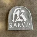 Detailed view of gray knit beanie featuring white AK KAKVIP embroidered letters - M (54-59cm) / Gray