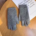 Detail of gray knitted two-in-one convertible gloves with hollow pattern and metal tag - One Size / Gray