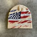 Detailed knit texture of American flag beanie with distressed star pattern in khaki - M (54-59cm) / Khaki