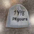 Detailed close-up of grey knit beanie with 1998 FKyours graffiti print and texture - M (54-59cm) / Gray