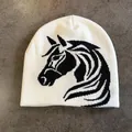 Detailed knit texture and black horse silhouette pattern on white winter beanie - M (52-59) / White