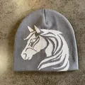 Close-up of the grey knitted beanie featuring a white horse jacquard pattern and texture - M (52-59) / Gray