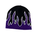 Streetwear knit beanie featuring purple flame patterns on black background for winter - Purple Flame