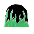 Close-up of black and green knit beanie featuring a sharp flame pattern design - Fluorescent Green Flame