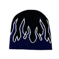 Detail of knit beanie with white flame embroidery and blue-black contrast stitch - Dark Blue Flame
