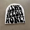 Detail of white knit beanie with black jacquard lettering and soft texture finish - One Size / White