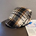Classic black and brown plaid wool newsboy cap with thick texture and checkered pattern - M (55-58cm) / Black Plaid