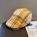 Retro yellow and brown plaid newsboy cap in wool blend for autumn and winter style - M (55-58cm) / Yellow Plaid