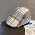 Blue and beige plaid newsboy cap in wool blend texture with a vintage flat brim design - M (55-58cm) / Blue Plaid