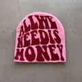 Pink and red knitted beanie with jacquard text for street style winter outfits - One Size / Pink