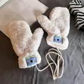 Beige lamb wool mittens with koala patches and neck cord for winter warmth - White