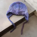 Plush gradient purple knit trapper hat with earflaps and long braided straps - One Size / Purple