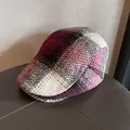 Berretto piatto classico a quadri bordeaux e nero in tessuto di lana tweed - Regolabile / Borgogna