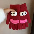 Detailed knit texture of red cartoon gloves with 3D eyes and pink plush lips - Burgundy