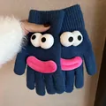 Detail of dark blue knitted gloves with 3D cartoon eyes and pink plush lips decor - Dark Blue