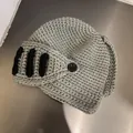 Grey knitted knight helmet beanie with movable face mask and decorative buttons - M (55-59cm) / Gray