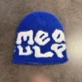 Plush Klein blue knit beanie featuring white meow ulp jacquard lettering - One Size / Sapphire Blue