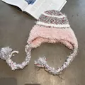 Striped pink plush knit beanie hat with earflaps and decorative long braids for winter - M (55-59cm) / Pink