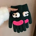 Detail of dark green knitted gloves featuring fun 3D big eyes and pink lips decorations - Dark Green