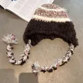 Winter striped plush knit trapper hat with ear flaps and woven tassels in pink and brown - M (55-59cm) / Coffee