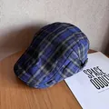 Close-up of blue and black plaid flat cap showing fine fabric texture and side metal buckle - M (55-59cm) / Sapphire Blue