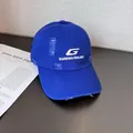 Detailed view of royal blue baseball cap featuring vintage distressing and letter G embroidery - Adjustable / Sapphire Blue