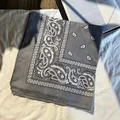 Bandana gris foncé avec motif paisley hip-hop plié sur un fond blanc texturé - Gris