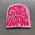 Detail of hot pink knit beanie featuring jacquard lettering and a blue star pattern - One Size (52-59cm) / Rose Pink