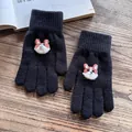 Close-up of black knit gloves featuring cute corgi patches and ribbed windproof cuffs - Full Finger / Black (3D Corgi Dog)