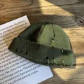 Dark green knitted beanie with silver safety pin and metal ring street style details - M (54-59cm) / Army Green