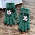 Close-up of green knitted gloves with cute 3D bunny decor and ribbed cuffs on wood - Full Finger / Dark Green (3D White Rabbit)