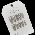 Uñas postizas artesanales efecto espejo plateado con corazones rosas y cadenas metal - XS / Amante del Espejo de Plata