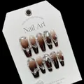 Handmade brown gradient press-on nails with silver butterfly, pearls and metal chains - XS / Night Color