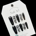 Uñas postizas artesanales tipo ataúd con diseño de serpiente 3D y mármol negro - Extra Pequeño (XS) / Patrón de Serpiente 3D
