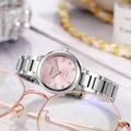 Elegant silver stainless steel ladies watch with a pink radial dial and crystal markers - Hot Pink