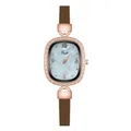 Close-up of vintage oval rose gold watch with diamond bezel and blue marble dial - Shell Diamond Brown