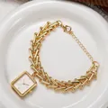 Elegant gold square watch with minimalist white dial and unique cylindrical link chain - White